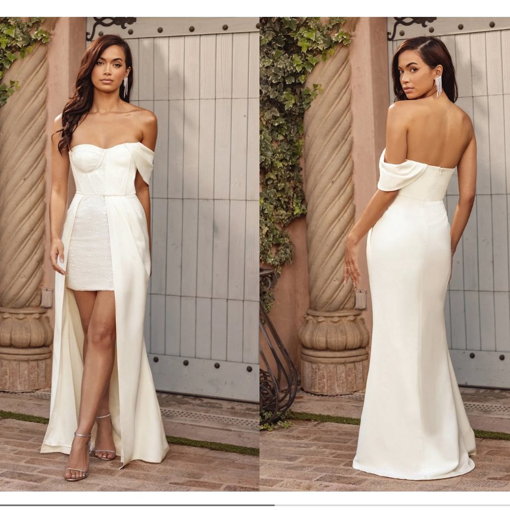 White Off The Shoulder Corset Maxi Dress With Over Skirt